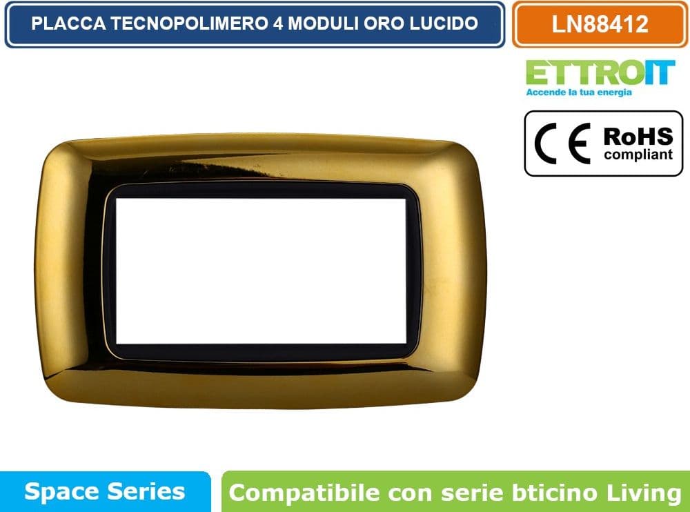 PLACCA IN TECNOPOLIMERO DI COLORE ORO LUCIDO COMPATIBILE CON SERIE BTICINO LIVING  3 - 4 - 7 MODULI - ETTROIT - 3