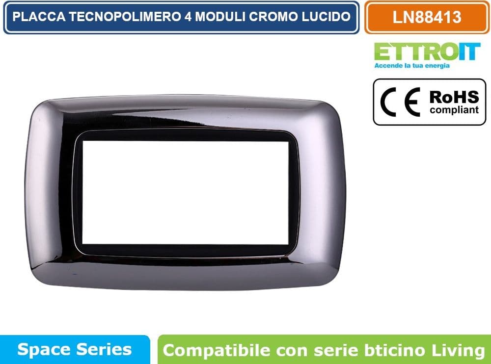 PLACCA IN TECNOPOLIMERO DI COLORE CROMO LUCIDO COMPATIBILE CON SERIE BTICINO LIVING  3 - 4 - 7 MODULI - ETTROIT - 3