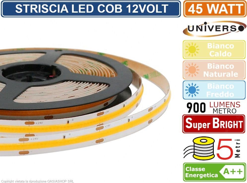 STRISCIA LED COB MONOCOLORE 45W 4500 LUMEN DC12V BOBINA DA 5 METRI 480 LED/METRO IP20 - 2