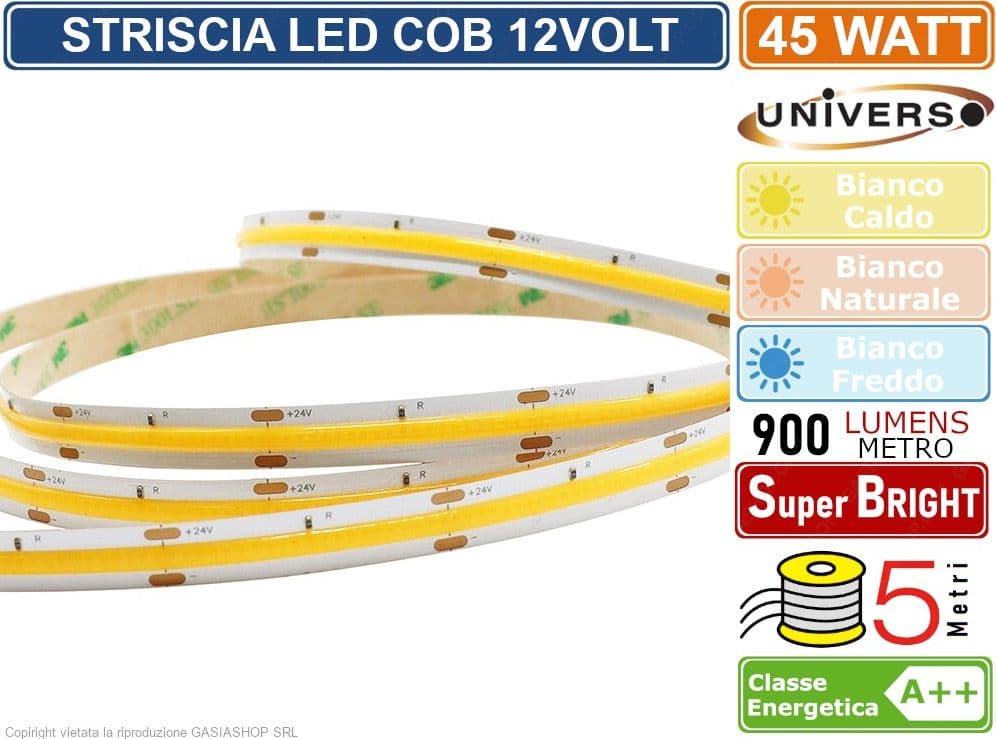 STRISCIA LED COB MONOCOLORE 45W 4500 LUMEN DC12V BOBINA DA 5 METRI 480 LED/METRO IP20 - 3