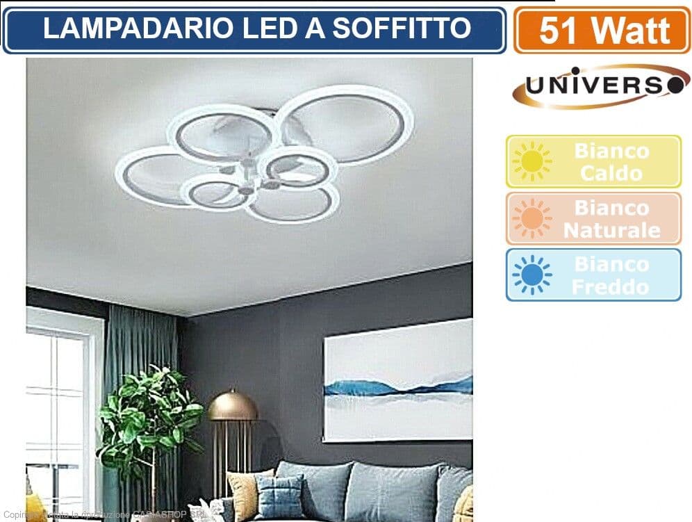 LAMPADARIO PLAFONIERA LED A SOFFITTO STILE MODERNO 51W 6 CERCHI 2550 LUMEN - 2