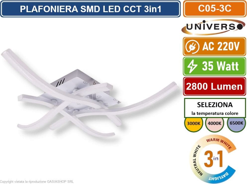 LAMPADARIO PLAFONIERA LED MODERNO ATTACCO A SOFFITTO 35 WATT 4 BRACCI ONDULATI CCT 3IN1 CAMBIA COLORE LUCE - 2