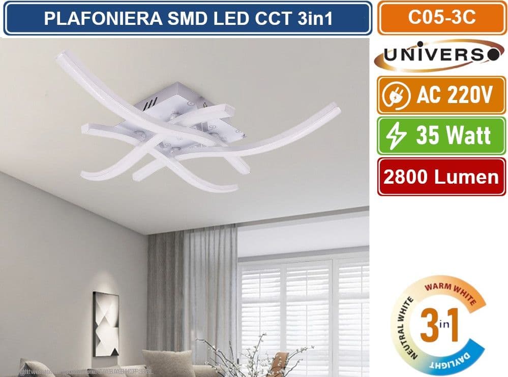 LAMPADARIO PLAFONIERA LED MODERNO ATTACCO A SOFFITTO 35 WATT 4 BRACCI ONDULATI CCT 3IN1 CAMBIA COLORE LUCE - 3