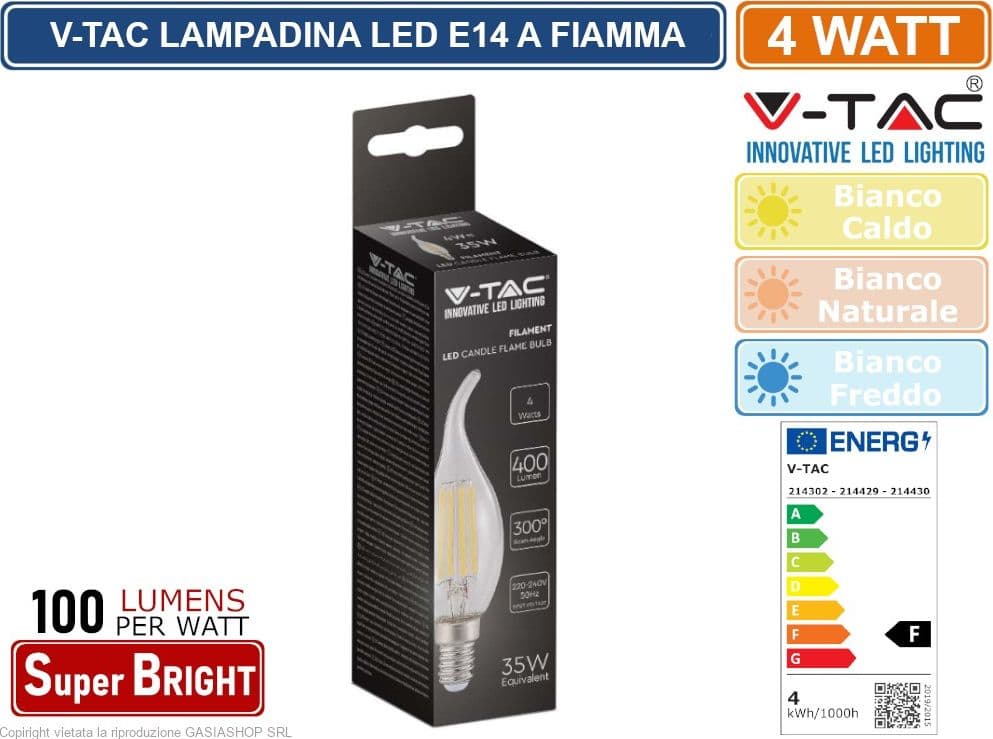 5 PEZZI V-TAC VT-1997 LAMPADINA LED E14 4W CANDLE FLAME BULB C35 CANDELA FIAMMA FILAMENT VETRO - SKU 214302 / 214429 / 214430 - 2