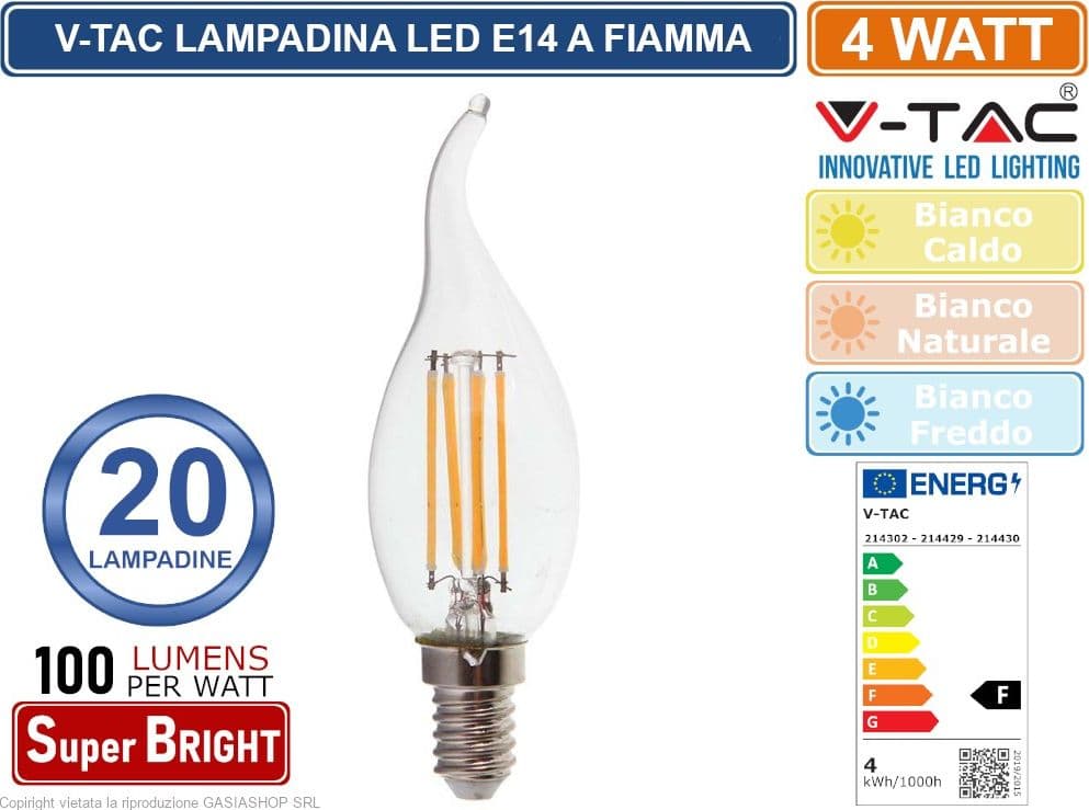 20 PEZZI V-TAC VT-1997 LAMPADINA LED E14 4W CANDLE FLAME BULB C35 CANDELA FIAMMA FILAMENT VETRO - SKU 214302 / 214429 / 214430