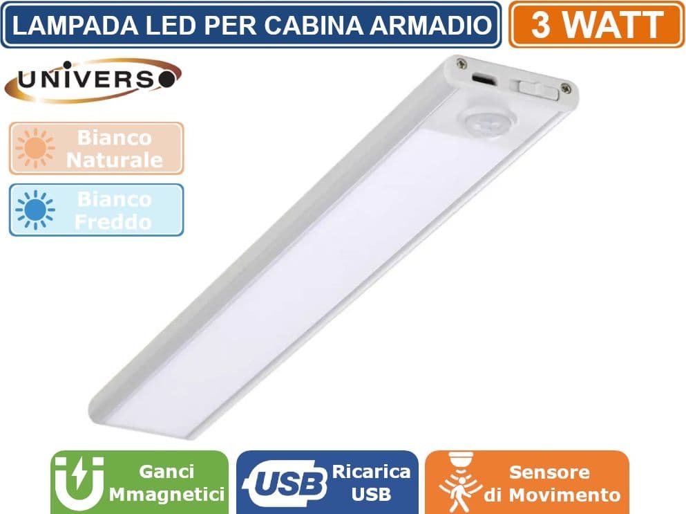 LAMPADA LED CALAMITATA DA PARETE PER CABINE ARMADIO ALIMENTATA A BATTERIE RICARICABILI CON SENSORE DI MOVIMENTO 3W 238 LUMEN - 3