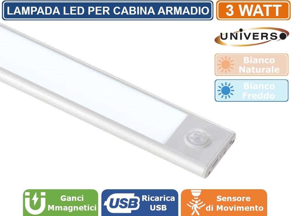 LAMPADA LED CALAMITATA DA PARETE PER CABINE ARMADIO ALIMENTATA A BATTERIE RICARICABILI CON SENSORE DI MOVIMENTO 3W 238 LUMEN - 4