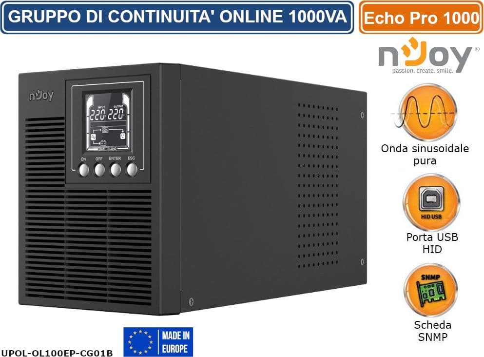 UPS 1000VA GRUPPO DI CONTINUITÀ NJOY ECHO 1000 PRO ON-LINE DOPPIA CONVERSIONE 800W ONDA SINUSOIDALE PURA DISPLAY LCD 3 PRESE SCHUKO RS232 HID USB