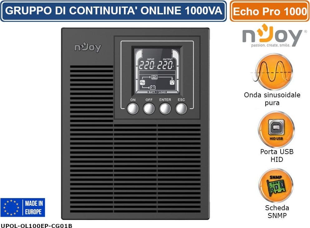 UPS 1000VA GRUPPO DI CONTINUITÀ NJOY ECHO 1000 PRO ON-LINE DOPPIA CONVERSIONE 800W ONDA SINUSOIDALE PURA DISPLAY LCD 3 PRESE SCHUKO RS232 HID USB - 2