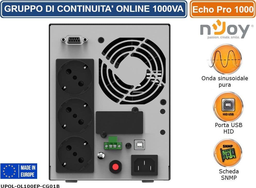 UPS 1000VA GRUPPO DI CONTINUITÀ NJOY ECHO 1000 PRO ON-LINE DOPPIA CONVERSIONE 800W ONDA SINUSOIDALE PURA DISPLAY LCD 3 PRESE SCHUKO RS232 HID USB - 3