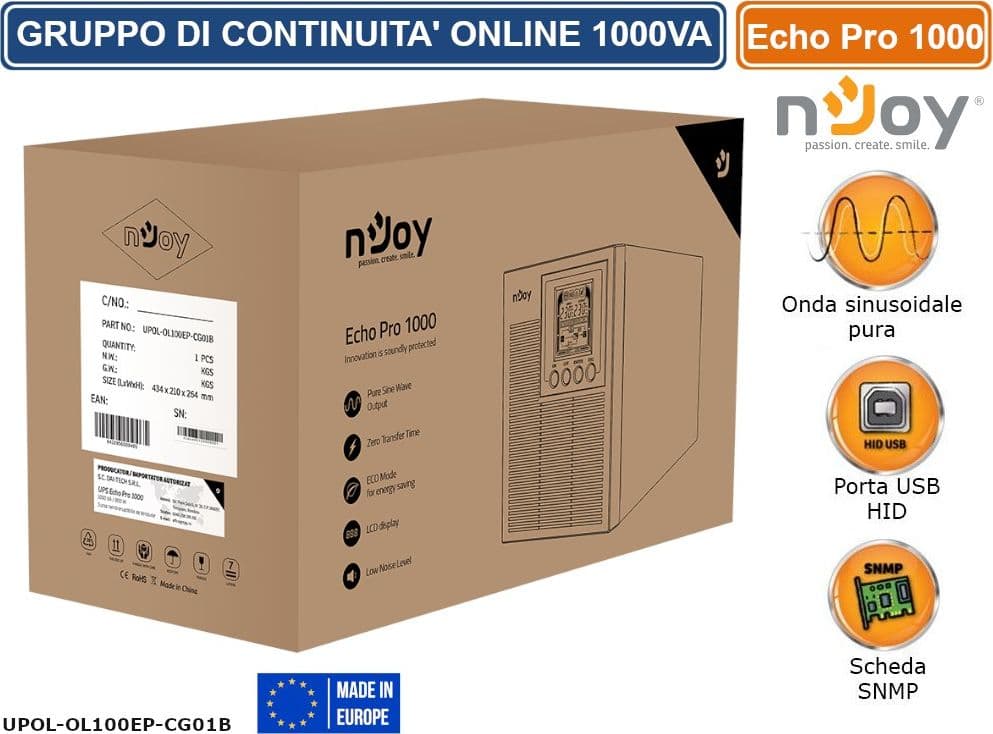 UPS 1000VA GRUPPO DI CONTINUITÀ NJOY ECHO 1000 PRO ON-LINE DOPPIA CONVERSIONE 800W ONDA SINUSOIDALE PURA DISPLAY LCD 3 PRESE SCHUKO RS232 HID USB - 4