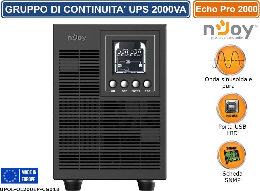 UPS 2000VA GRUPPO DI CONTINUITÀ NJOY ECHO PRO 2000 ON-LINE 2000VA 1600W ONDA SINUSOIDALE PURA DISPLAY LCD 4 PRESE SCHUKO RS232 USB - 2