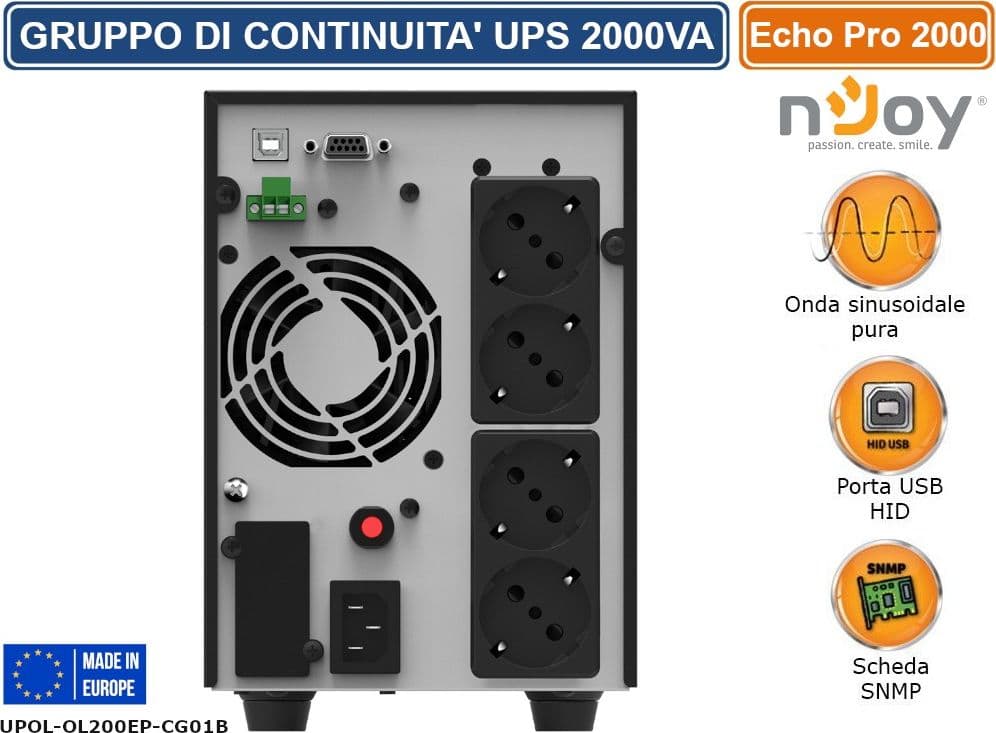 UPS 2000VA GRUPPO DI CONTINUITÀ NJOY ECHO PRO 2000 ON-LINE 2000VA 1600W ONDA SINUSOIDALE PURA DISPLAY LCD 4 PRESE SCHUKO RS232 USB - 3