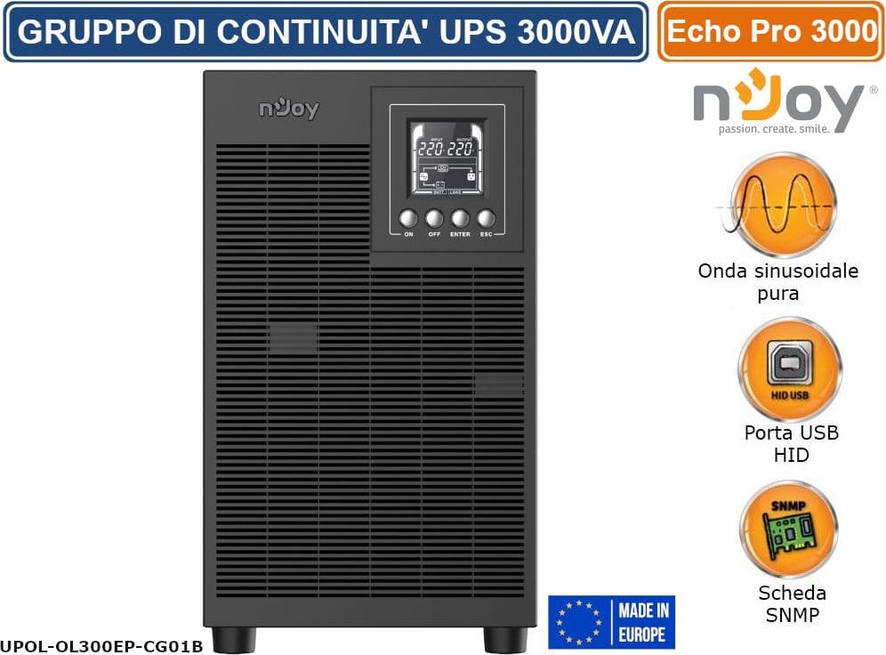 UPS 3000VA GRUPPO DI CONTINUITÀ NJOY ECHO PRO 3000 ON-LINE 3000VA 2400W ONDA SINUSOIDALE PURA DISPLAY LCD 4 PRESE SCHUKO RS232 USB - 2