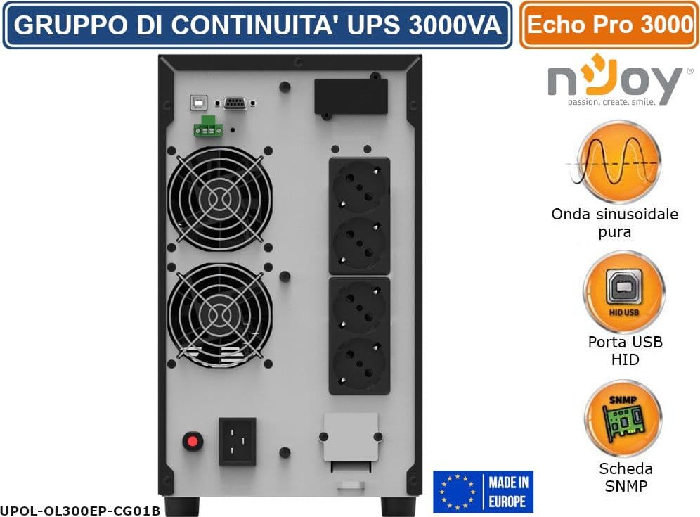 UPS 3000VA GRUPPO DI CONTINUITÀ NJOY ECHO PRO 3000 ON-LINE 3000VA 2400W ONDA SINUSOIDALE PURA DISPLAY LCD 4 PRESE SCHUKO RS232 USB - 3