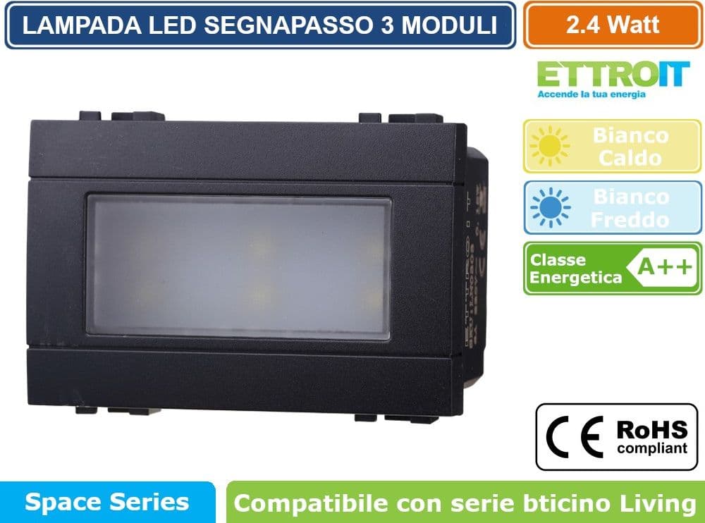 MODULO 3P LAMPADA LED SEGNAPASSO NERO ON/OFF 220V COMPATIBILE BTICINO LIVING - ETTROIT
