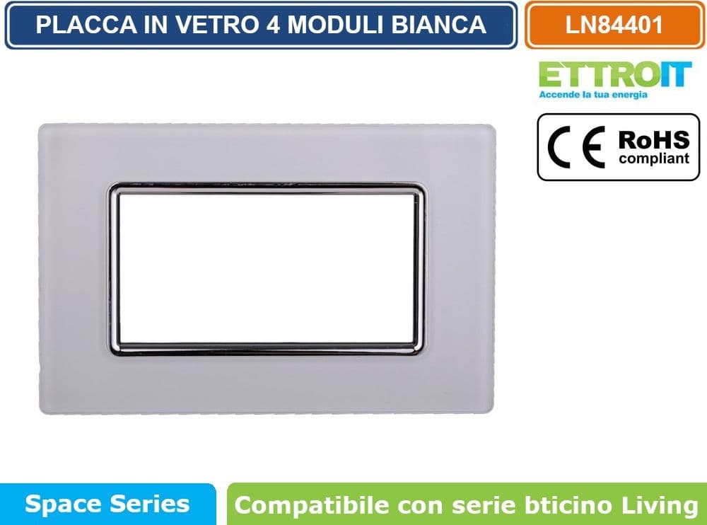 PLACCA IN VETRO COLORE BIANCO COMPATIBILE CON SERIE BTICINO LIVING 3 - 4 - 7 MODULI ETTROIT LN84 - 3