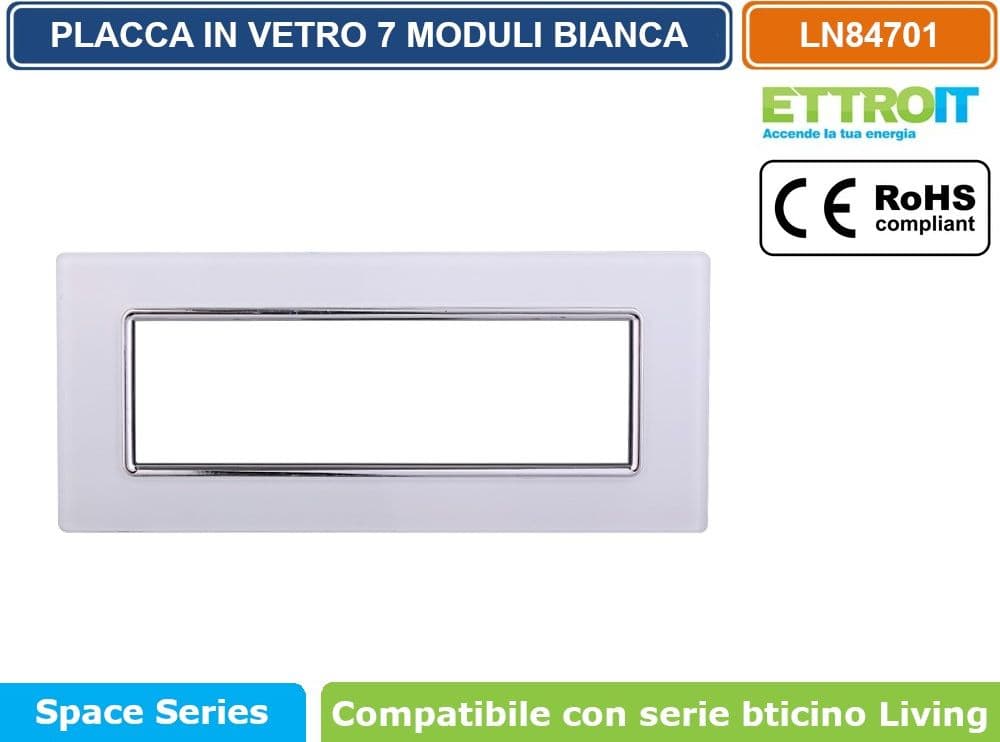 PLACCA IN VETRO COLORE BIANCO COMPATIBILE CON SERIE BTICINO LIVING 3 - 4 - 7 MODULI ETTROIT LN84 - 4
