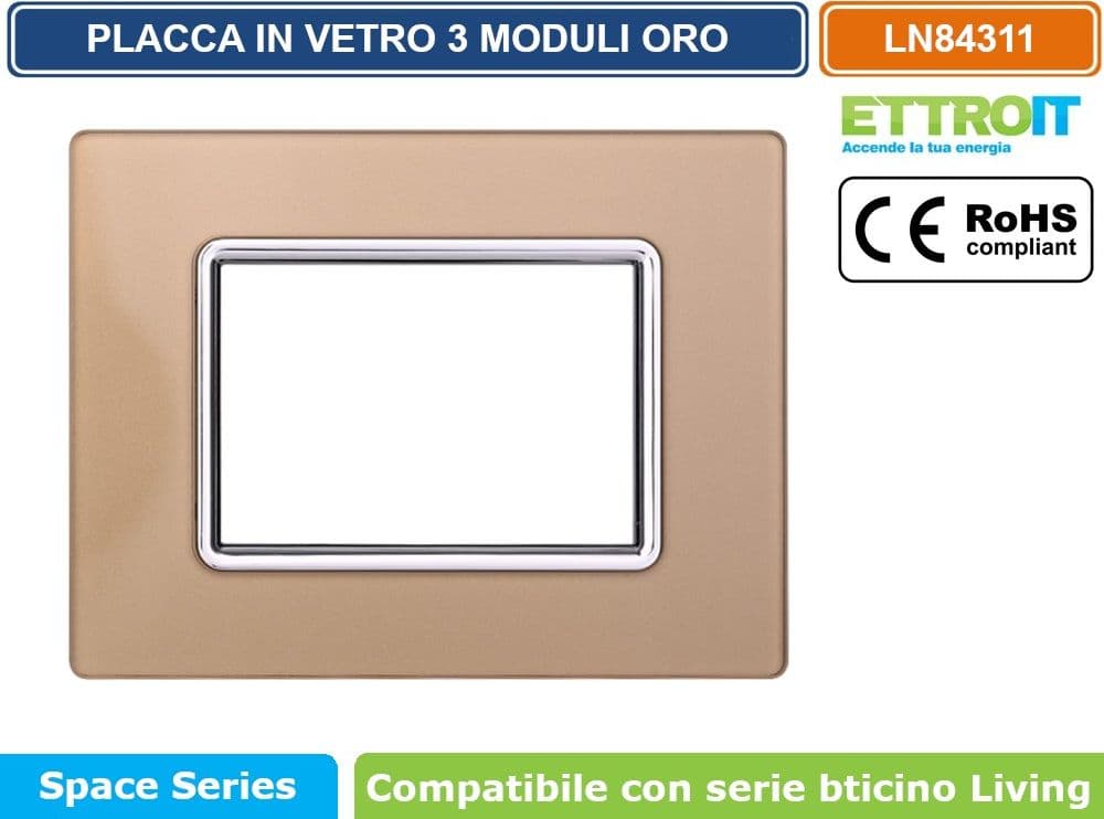 PLACCA IN VETRO COLORE ORO COMPATIBILE CON SERIE BTICINO LIVING 3 - 4 - 7 MODULI ETTROIT LN84 - 2