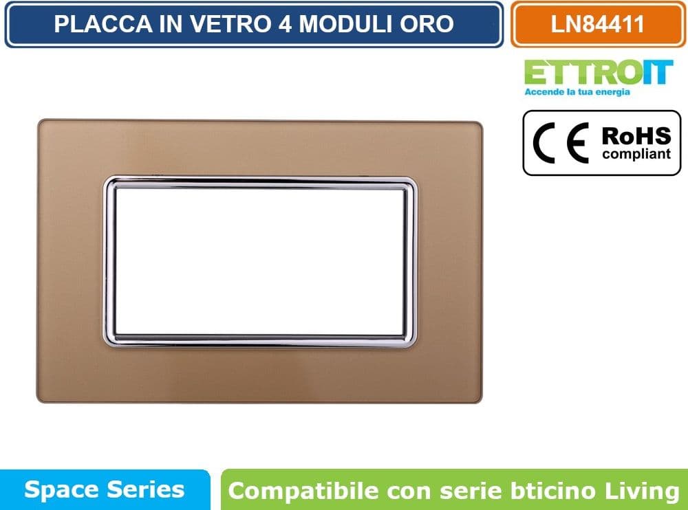PLACCA IN VETRO COLORE ORO COMPATIBILE CON SERIE BTICINO LIVING 3 - 4 - 7 MODULI ETTROIT LN84 - 3