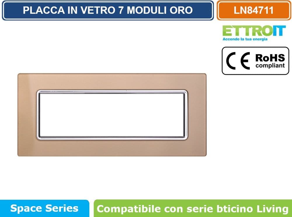 PLACCA IN VETRO COLORE ORO COMPATIBILE CON SERIE BTICINO LIVING 3 - 4 - 7 MODULI ETTROIT LN84 - 4