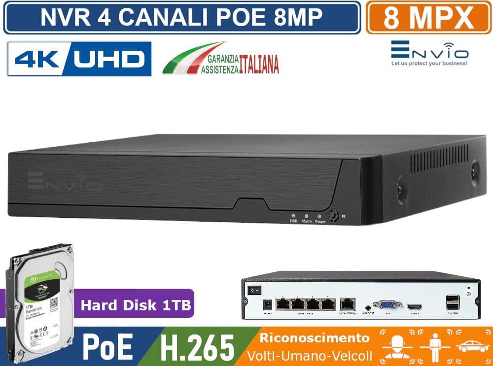 NVR 4 CH CANALI POE 4K ULTRA HD 8 MEGAPIXEL COMPATIBILE ONVIF H.265AI P2P CLOUD VIDEOSORVEGLIANZA IP VIDEOANALISI - 4
