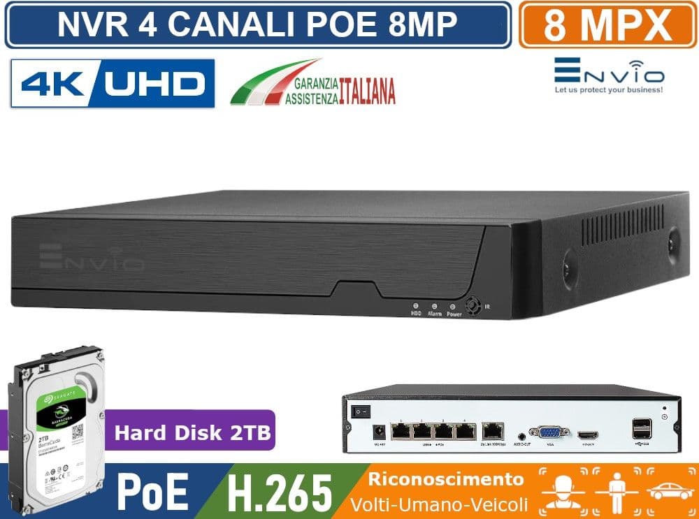 NVR 4 CH CANALI POE 4K ULTRA HD 8 MEGAPIXEL COMPATIBILE ONVIF H.265AI P2P CLOUD VIDEOSORVEGLIANZA IP VIDEOANALISI - 5