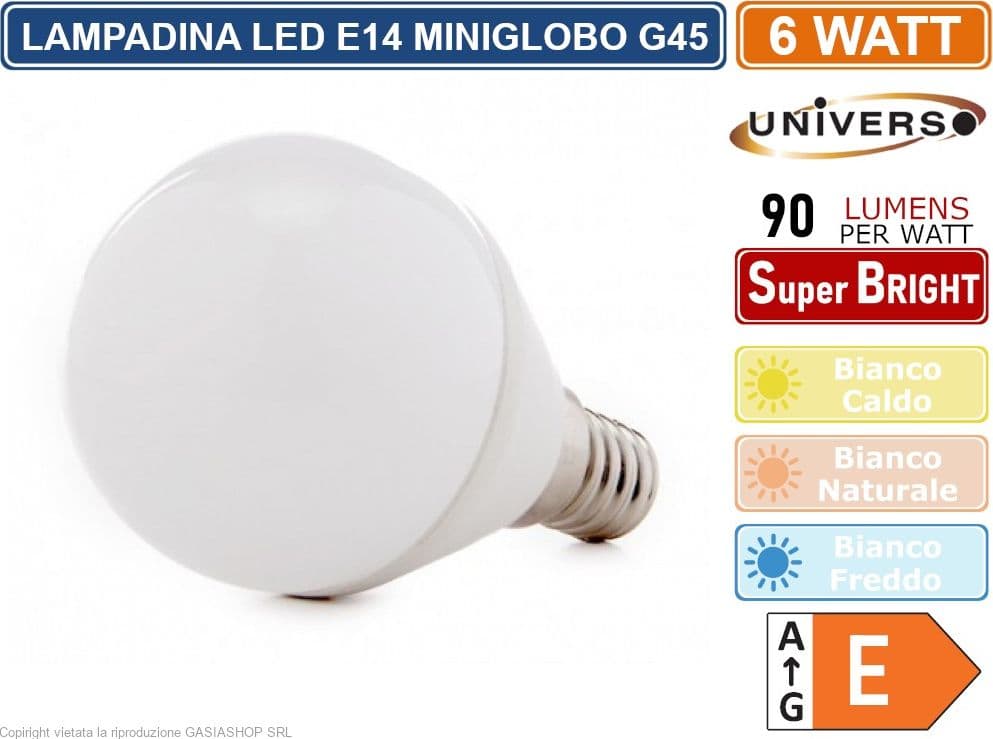CONFEZIONE 10 PEZZI UNIVERSO LAMPADINA LED MINIGLOBO G45 ATTACCO E14 POTENZA 6W - 540 LUMEN - 3000K 4000K 6500K - 2