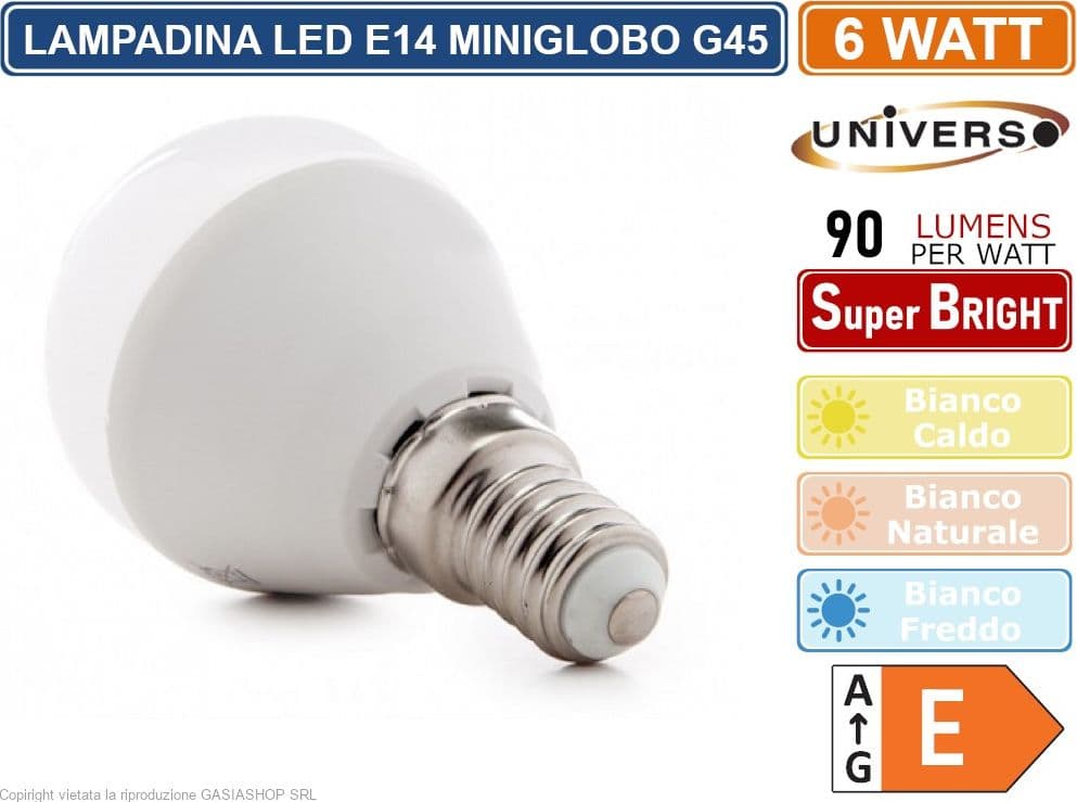 CONFEZIONE 15 PEZZI UNIVERSO LAMPADINA LED MINIGLOBO G45 ATTACCO E14 POTENZA 6W - 540 LUMEN - 3000K 4000K 6500K - 3
