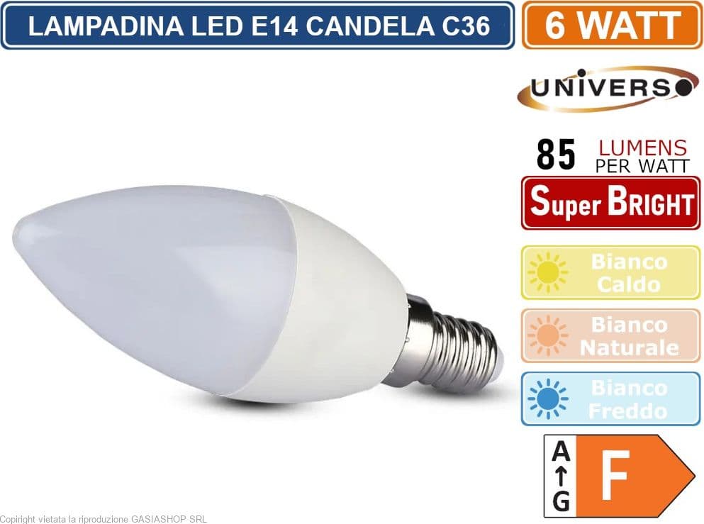 CONFEZIONE 20 PEZZI UNIVERSO LAMPADINA LED CANDELA C36 ATTACCO E14 POTENZA 6W - 510 LUMEN - 3000K 4000K 6500K - 2