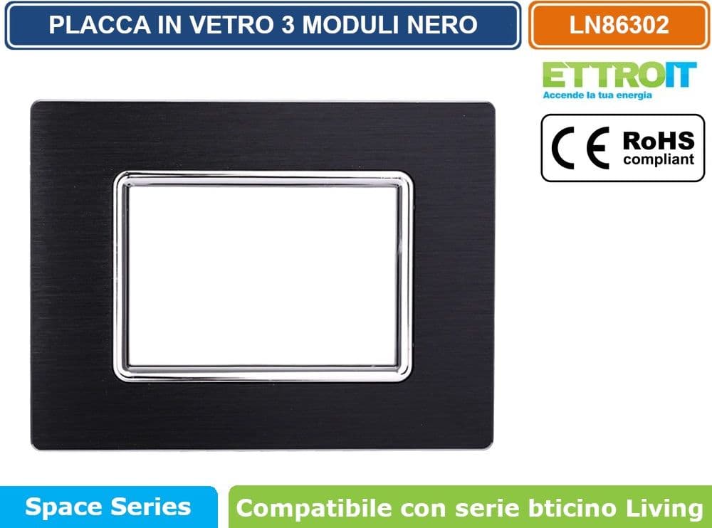 PLACCA IN ALLUMINIO COLORE NERO COMPATIBILE CON SERIE BTICINO LIVING 3 - 4 - 7 MODULI ETTROIT LN86 - 2