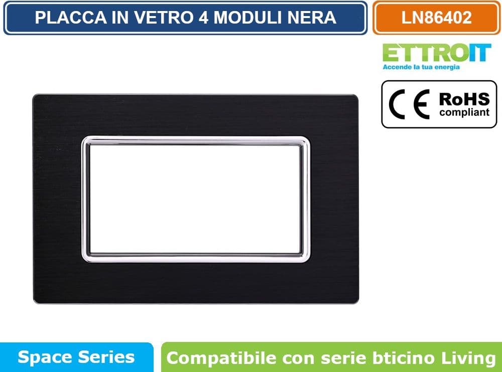 PLACCA IN ALLUMINIO COLORE NERO COMPATIBILE CON SERIE BTICINO LIVING 3 - 4 - 7 MODULI ETTROIT LN86 - 3