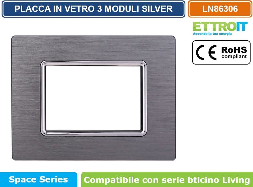 PLACCA IN ALLUMINIO COLORE SILVER COMPATIBILE CON SERIE BTICINO LIVING 3 - 4 - 7 MODULI ETTROIT LN86 - 2