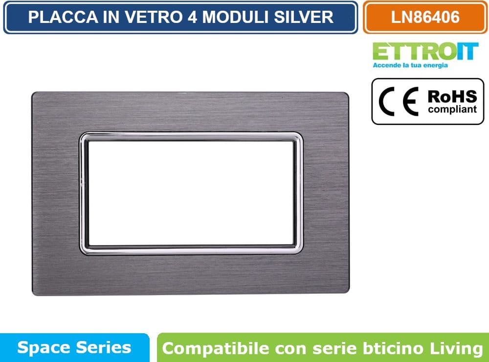 PLACCA IN ALLUMINIO COLORE SILVER COMPATIBILE CON SERIE BTICINO LIVING 3 - 4 - 7 MODULI ETTROIT LN86 - 3