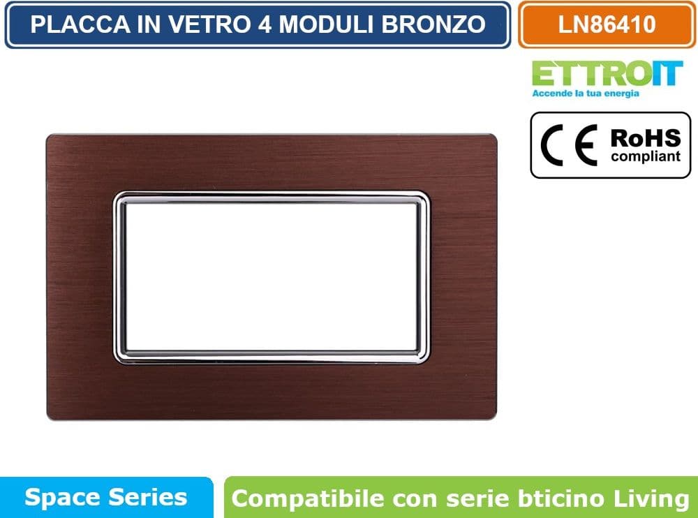 PLACCA IN ALLUMINIO COLORE BRONZO COMPATIBILE CON SERIE BTICINO LIVING 3 - 4 - 7 MODULI ETTROIT LN86 - 3