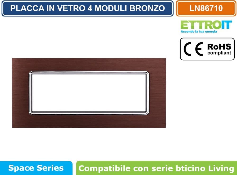 PLACCA IN ALLUMINIO COLORE BRONZO COMPATIBILE CON SERIE BTICINO LIVING 3 - 4 - 7 MODULI ETTROIT LN86 - 4