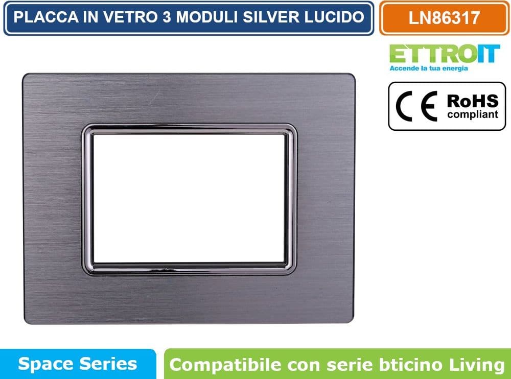 PLACCA IN ALLUMINIO COLORE SILVER LUCIDO COMPATIBILE CON SERIE BTICINO LIVING 3 - 4 - 7 MODULI ETTROIT LN86 - 2