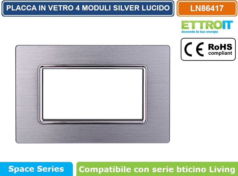 PLACCA IN ALLUMINIO COLORE SILVER LUCIDO COMPATIBILE CON SERIE BTICINO LIVING 3 - 4 - 7 MODULI ETTROIT LN86 - 3