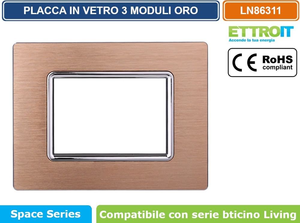 PLACCA IN ALLUMINIO COLORE ORO COMPATIBILE CON SERIE BTICINO LIVING 3 - 4 - 7 MODULI ETTROIT LN86 - 2