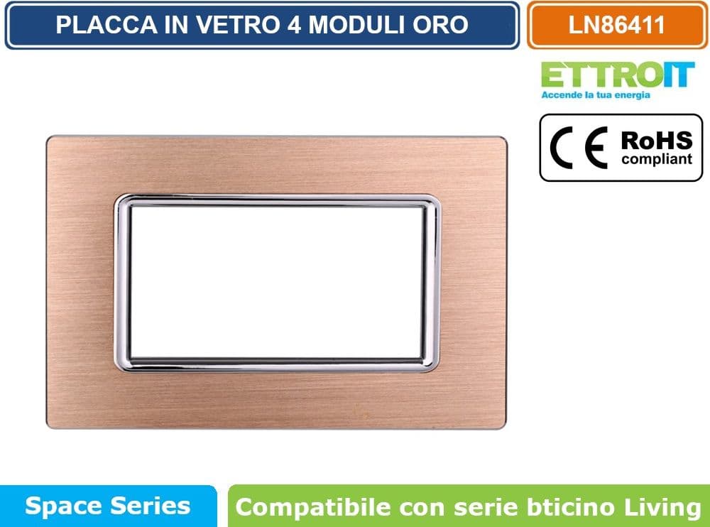 PLACCA IN ALLUMINIO COLORE ORO COMPATIBILE CON SERIE BTICINO LIVING 3 - 4 - 7 MODULI ETTROIT LN86 - 3