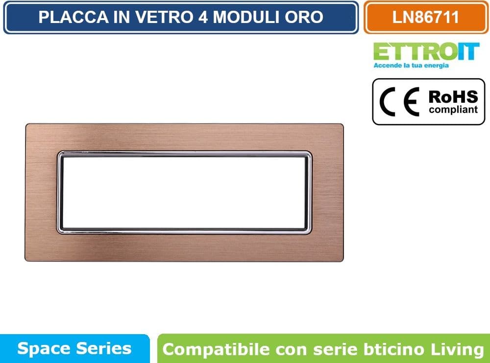 PLACCA IN ALLUMINIO COLORE ORO COMPATIBILE CON SERIE BTICINO LIVING 3 - 4 - 7 MODULI ETTROIT LN86 - 4