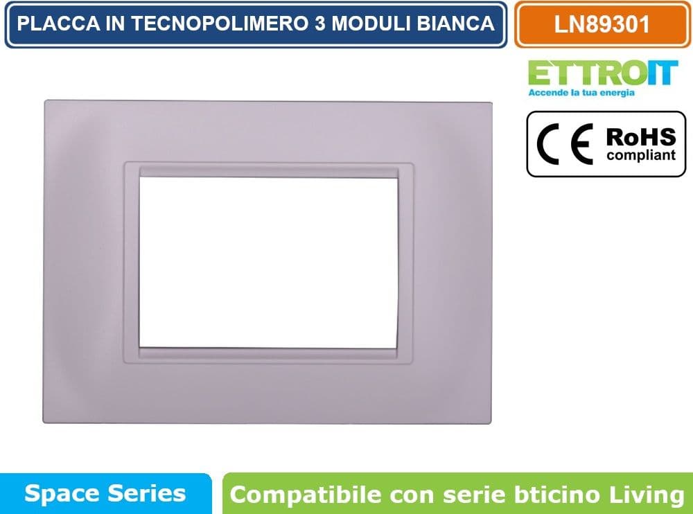 PLACCA IN TECNOPOLIMERO QUADRATA COLORE BIANCO COMPATIBILE CON SERIE BTICINO LIVING 3 - 4 - 7 MODULI ETTROIT LN89 - 2