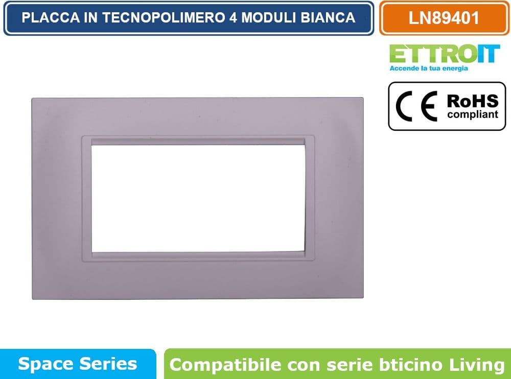 PLACCA IN TECNOPOLIMERO QUADRATA COLORE BIANCO COMPATIBILE CON SERIE BTICINO LIVING 3 - 4 - 7 MODULI ETTROIT LN89 - 3