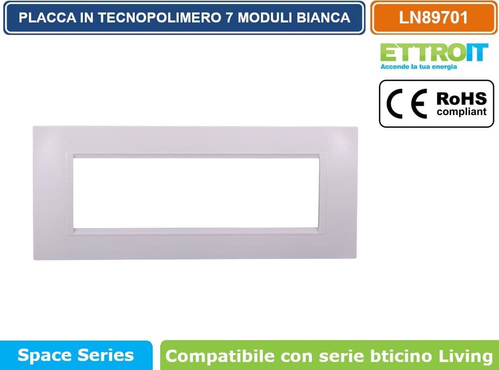 PLACCA IN TECNOPOLIMERO QUADRATA COLORE BIANCO COMPATIBILE CON SERIE BTICINO LIVING 3 - 4 - 7 MODULI ETTROIT LN89 - 4