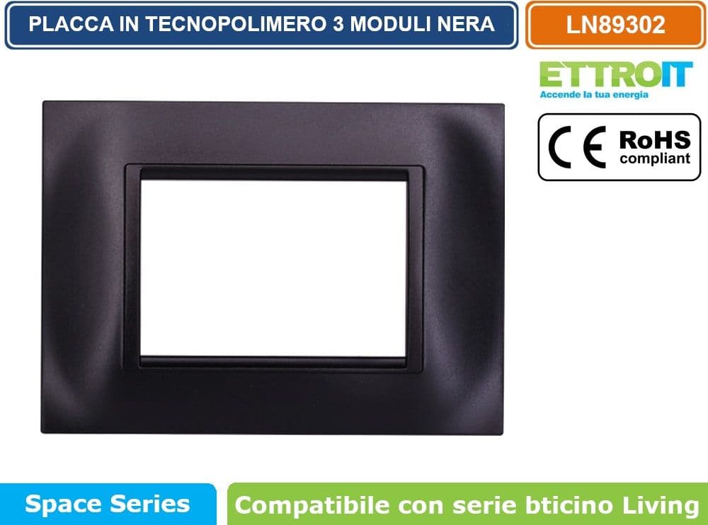 PLACCA IN TECNOPOLIMERO QUADRATA COLORE NERO COMPATIBILE CON SERIE BTICINO LIVING 3 - 4 - 7 MODULI ETTROIT LN89 - 2