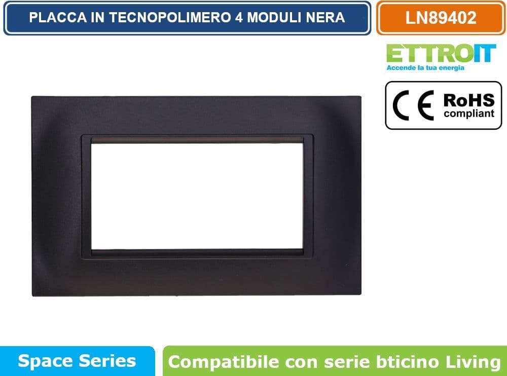 PLACCA IN TECNOPOLIMERO QUADRATA COLORE NERO COMPATIBILE CON SERIE BTICINO LIVING 3 - 4 - 7 MODULI ETTROIT LN89 - 3