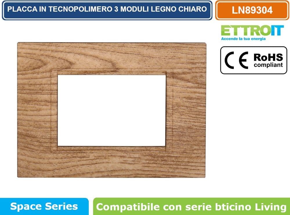 PLACCA IN TECNOPOLIMERO QUADRATA COLORE LEGNO CHIARO COMPATIBILE CON SERIE BTICINO LIVING 3 - 4 - 7 MODULI ETTROIT LN89 - 2