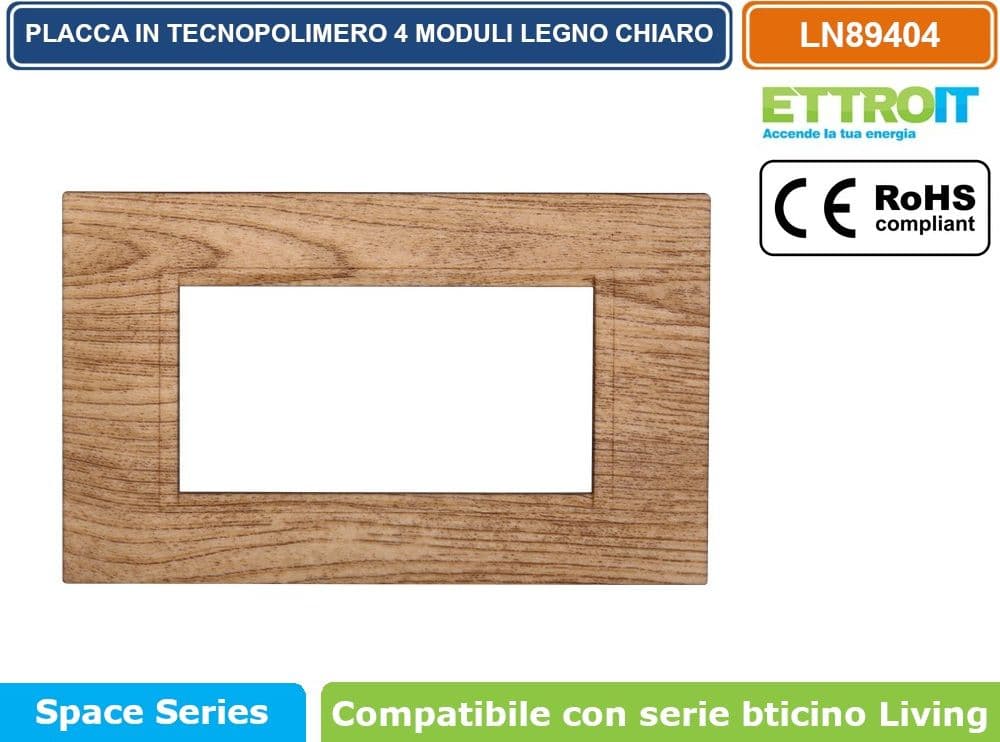 PLACCA IN TECNOPOLIMERO QUADRATA COLORE LEGNO CHIARO COMPATIBILE CON SERIE BTICINO LIVING 3 - 4 - 7 MODULI ETTROIT LN89 - 3
