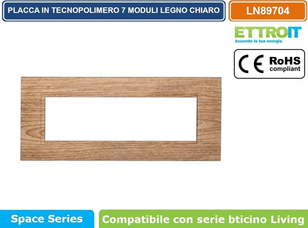 PLACCA IN TECNOPOLIMERO QUADRATA COLORE LEGNO CHIARO COMPATIBILE CON SERIE BTICINO LIVING 3 - 4 - 7 MODULI ETTROIT LN89 - 4
