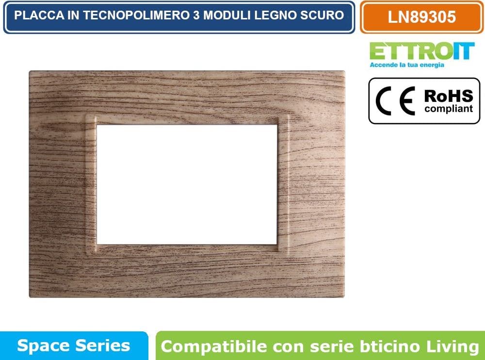 PLACCA IN TECNOPOLIMERO QUADRATA COLORE LEGNO SCURO COMPATIBILE CON SERIE BTICINO LIVING 3 - 4 - 7 MODULI ETTROIT LN89 - 2